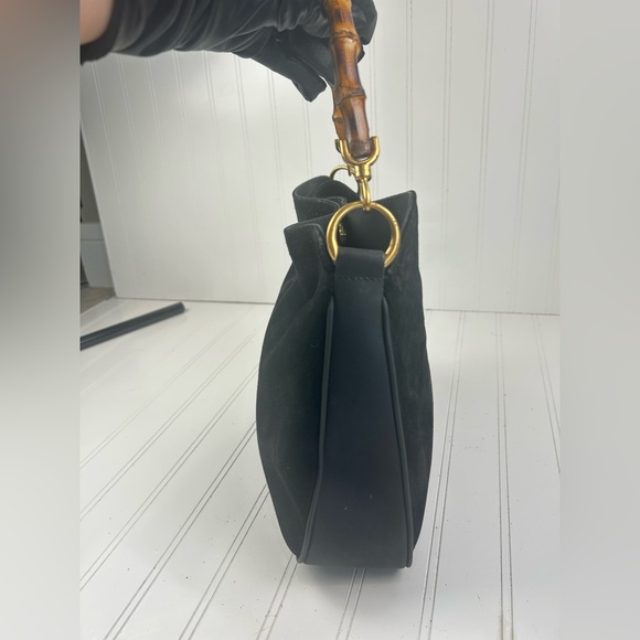 Gucci Black Suede Shoulder Bag with Bamboo Handle - Picture 7 of 11